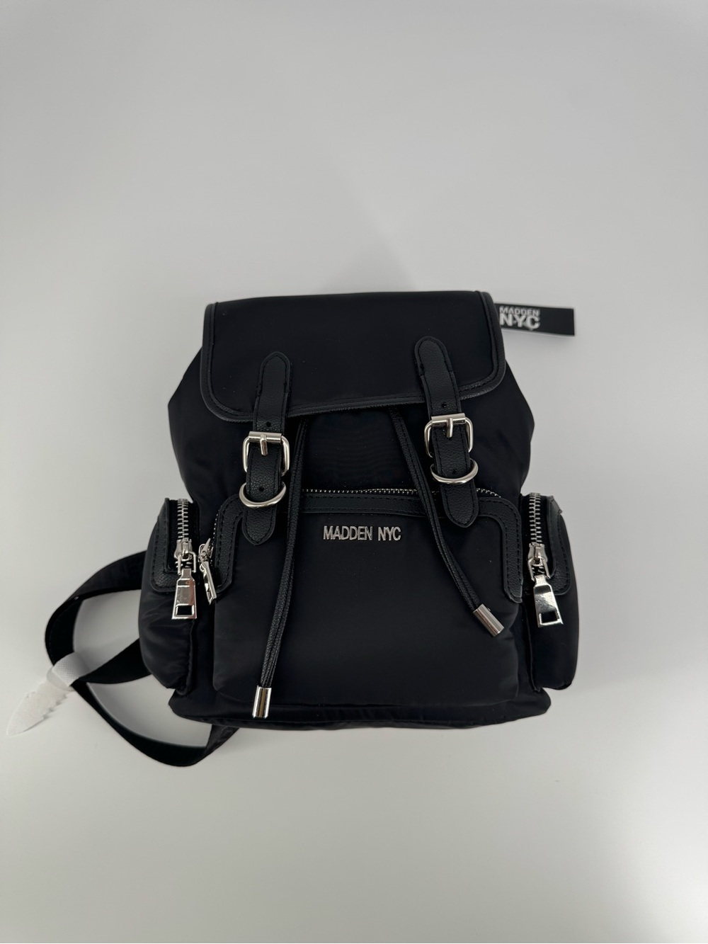 black Madden NYC buckle flap nylon mini backpack